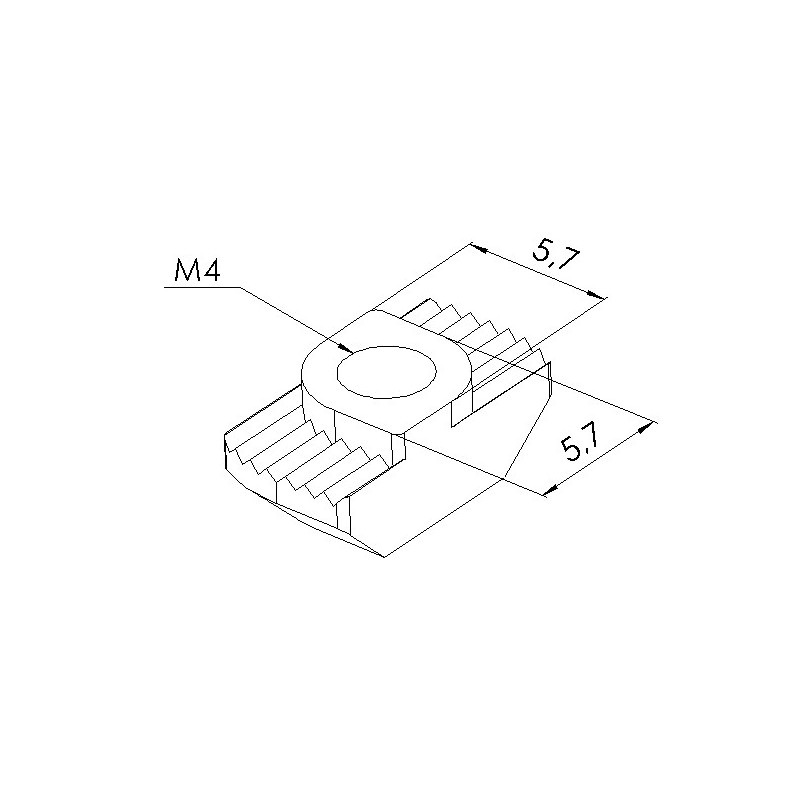 Schéma cotes - Ecrou à tête rectangulaire 6 profilé – Taraudage M4 – rainure 6 mm - Elcom shop
