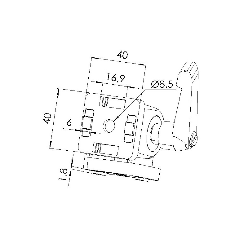 Schéma cotes - Articulation à blocage profilé aluminium– 8 mm – Section 40x40 mm - Elcom shop