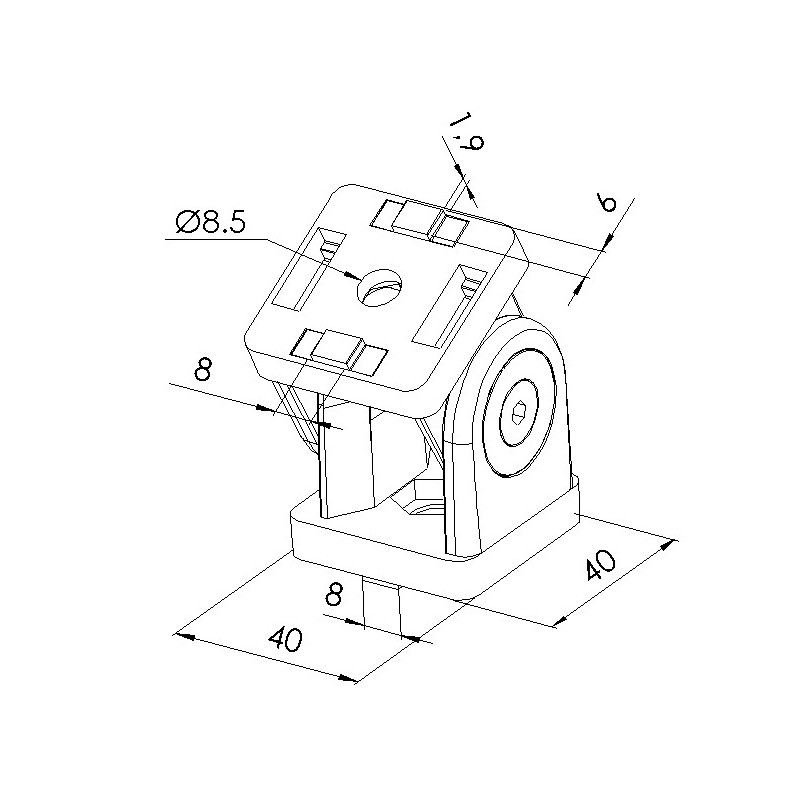 Schéma cotes - Articulation profilé aluminium – Rainure 8 mm – Section 40x40 mm - Elcom shop