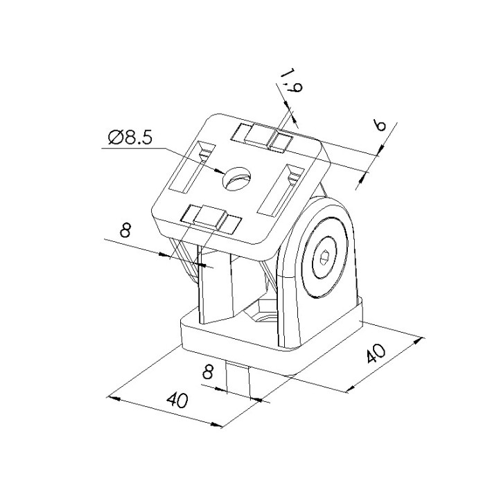 Schéma cotes - Articulation profilé aluminium – Rainure 8 mm – Section 40x40 mm - Elcom shop