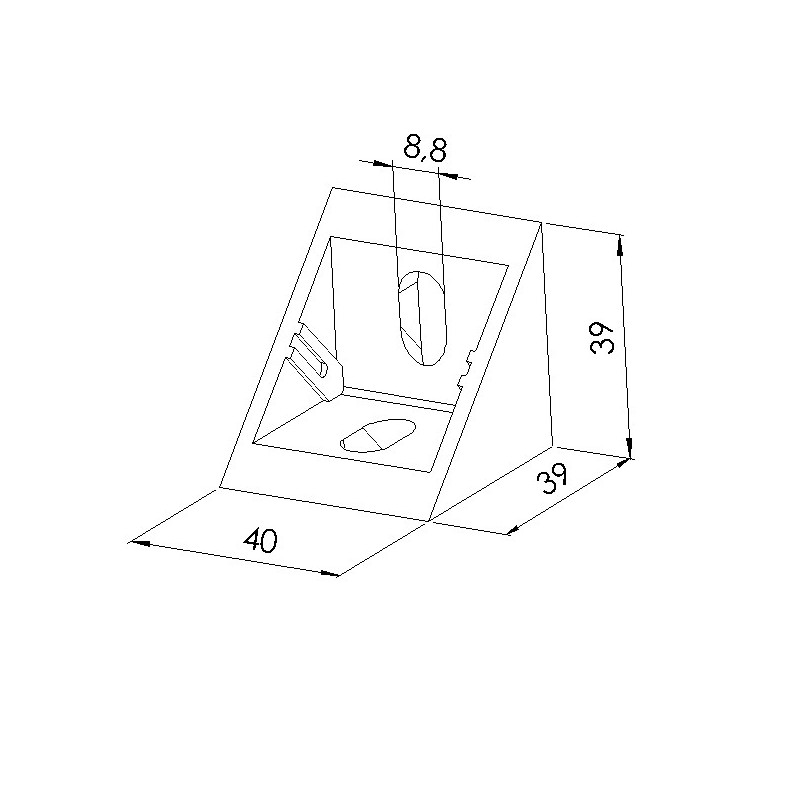 Schéma cotes - Equerre profilé aluminium – Rainure 8 mm – Section 40x40x40 mm - Elcom shop