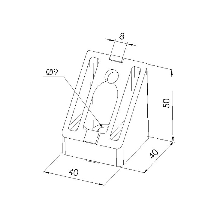 Schéma cotes - Equerre de renfort profilé aluminium – Rainure 8 mm – 40-45° - Elcom shop