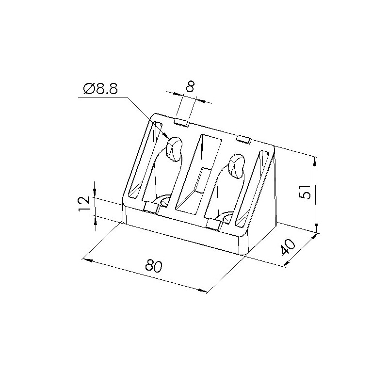 Schéma cotes - Equerre de renfort profilé aluminium – 8 mm – 80x40-45° - Horizontal - Elcom shop