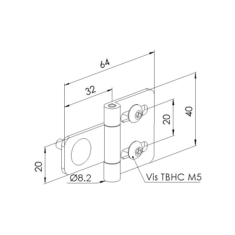 Schéma cotes - Charnière profilé aluminium – ST – E 32-45 mm - Elcom shop