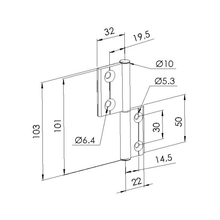 Schéma cotes - Charnière profilé aluminium – 30x20 – Al – PP4 - Elcom shop
