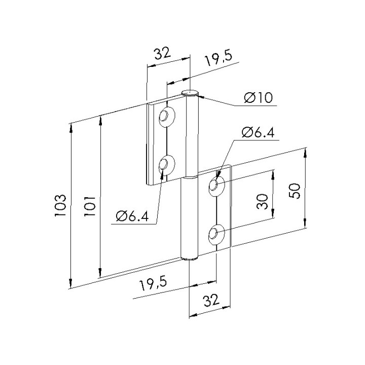Schéma cotes - Charnière profilé aluminium – 30x30 – Al – PP4 - Elcom shop