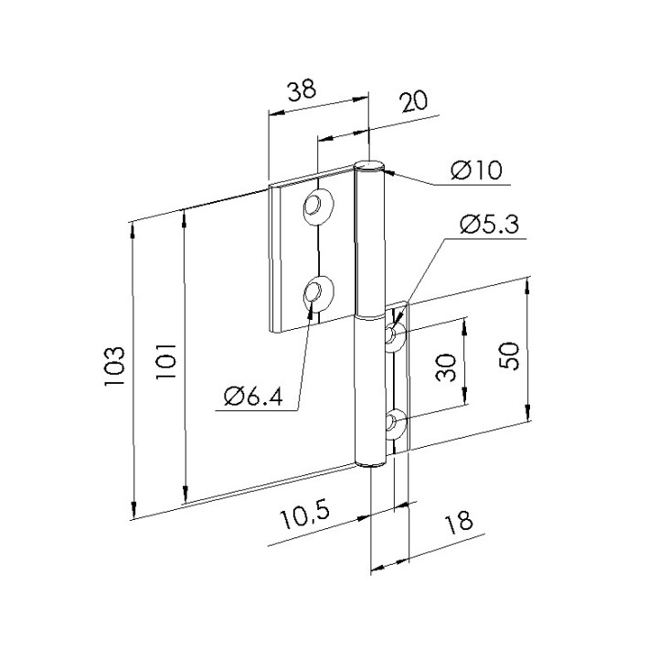 Schéma cotes - Charnière profilé aluminium – 40x20 – Al – PP0 - Elcom shop