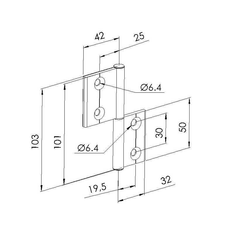 Schéma cotes - Charnière profilé aluminium – 40x30 – Al – PP4 - Elcom shop