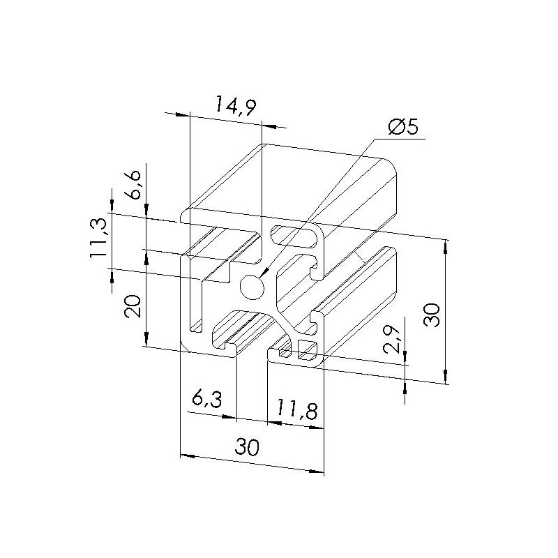 Schéma cotes - Profilé aluminium d’encadrement (Coupe max 6 m) - Rainure 6 mm – 30x30 mm - Elcom shop