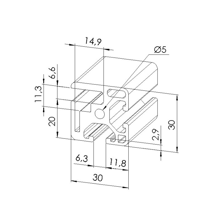 Schéma cotes - Profilé aluminium d’encadrement (Coupe max 6 m) - Rainure 6 mm – 30x30 mm - Elcom shop