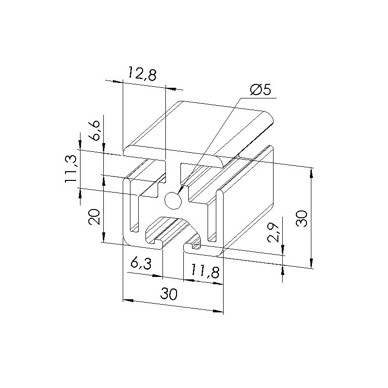 Schéma cotes - Profilé d’encadrement (Coupe max 6 m) - Rainure 6 mm – Section 30x30 mm -180° - Elcom shop