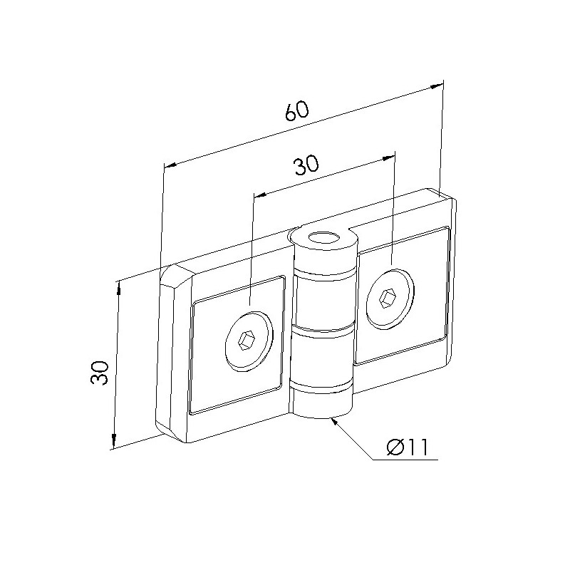 Schéma cotes - Charnière profilé aluminium – 6 30 – Zn – 8/8 – Avec vis - Elcom shop
