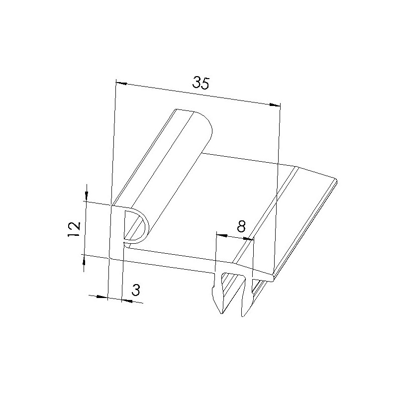 Schéma cotes - Profilé joint butée de porte (Barre de 3 m) – 8 – 40 – Gris - Elcom shop