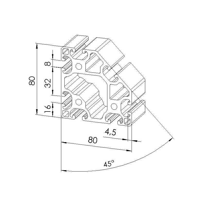 Schéma cotes - Profilé aluminium (Barre de 6 m) – Rainure 8 mm – 80x80-45° - Léger - Elcom shop