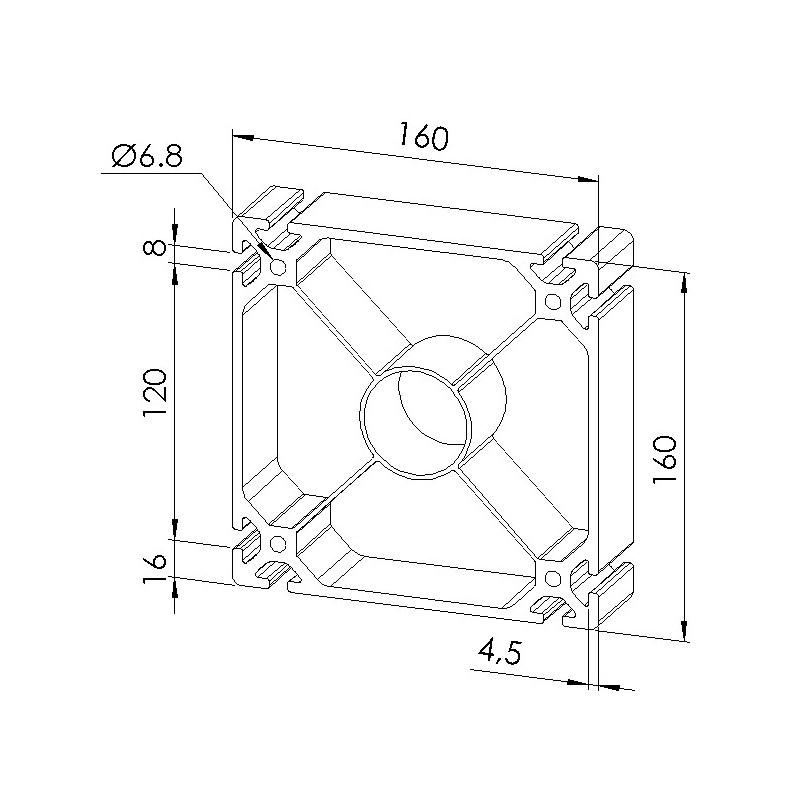 Schéma cotes - Profilé aluminium (Barre de 6 m) – Rainure 8 mm – 160x160 mm  - 8EN - Elcom shop