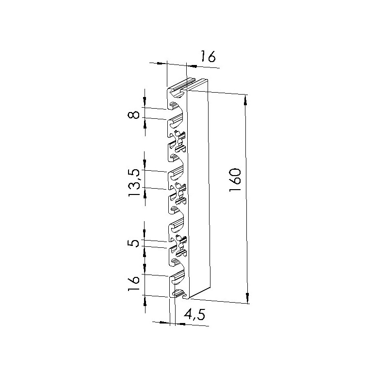 Schéma cotes - Profilé aluminium (Barre de 3 m) – Rainure 8 mm – 160x16 mm - Lourd - Elcom shop