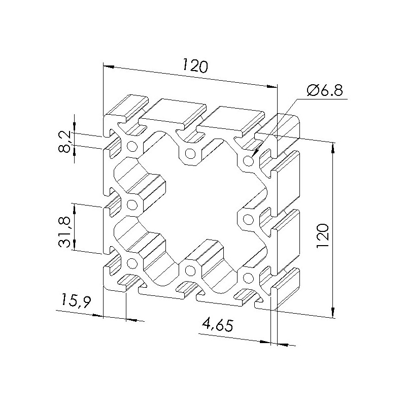 Schéma cotes - Profilé aluminium (Barre de 6 m) – Rainure 8 mm – 120x120 mm - Lourd - Elcom shop