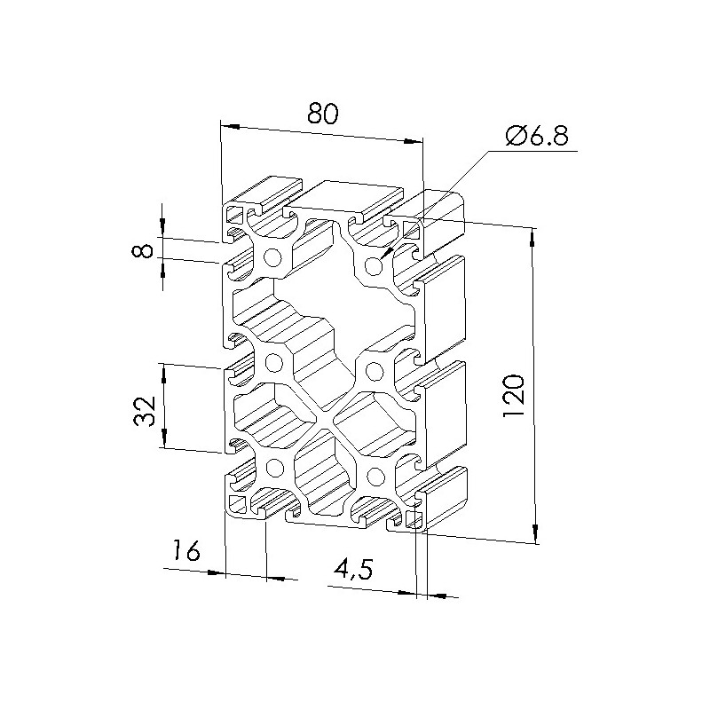 Schéma cotes - Profilé aluminium (Barre de 6 m) – Rainure 8 mm – Section 120x80 mm - Léger - Elcom shop
