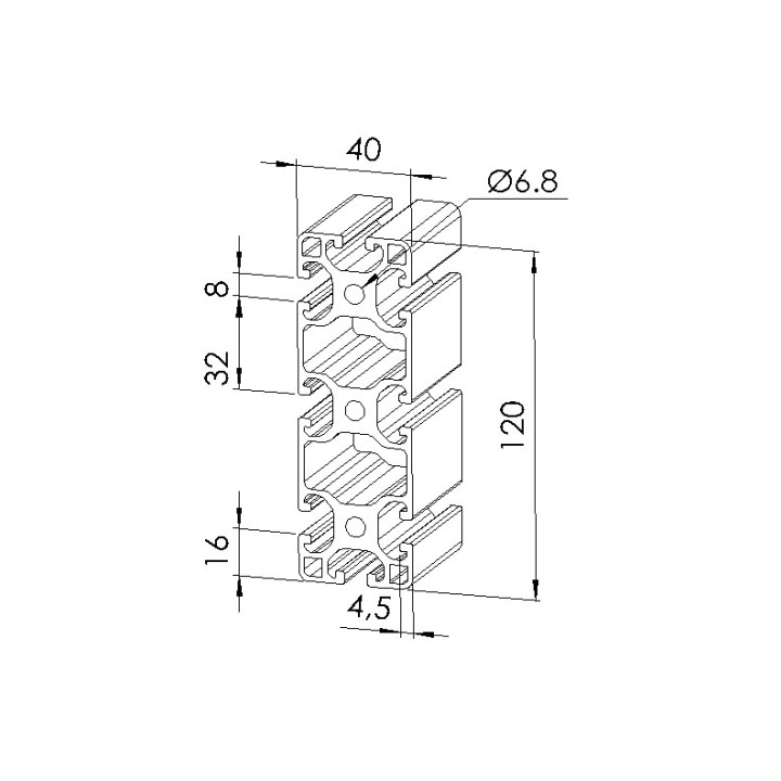 Schéma cotes - Profilé aluminium (Barre de 6 m) – Rainure 8 mm – Section 120x40 mm - Léger - Elcom shop