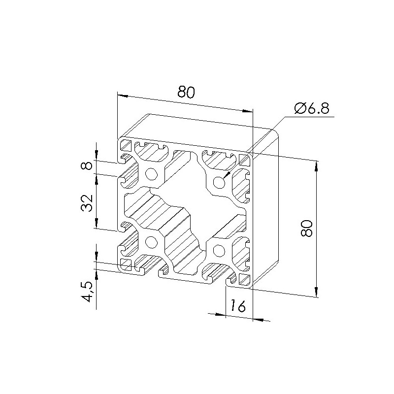 Schéma cotes - Profilé aluminium (Barre de 6 m) – Rainure 8 mm – 80x80 mm – 4N90 - Léger - Elcom shop