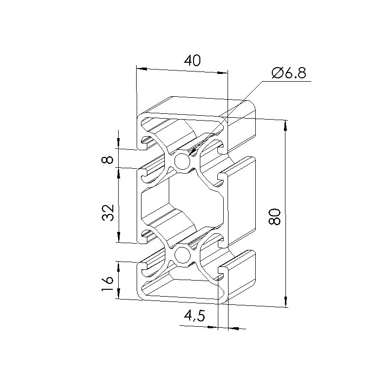 Schéma cotes - Profilé aluminium (Barre de 6 m) – 8 mm – 80x40 mm – 2N180 - Economique - Elcom shop