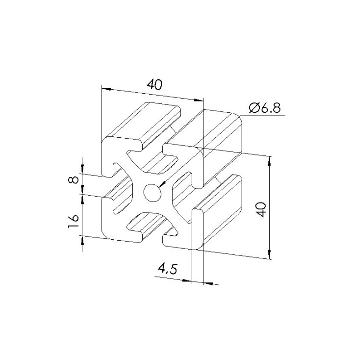 Schéma cotes - Profilé aluminium (Barre de 6 m) – Rainure 8 mm – Section 40x40 mm - lourd - Elcom shop