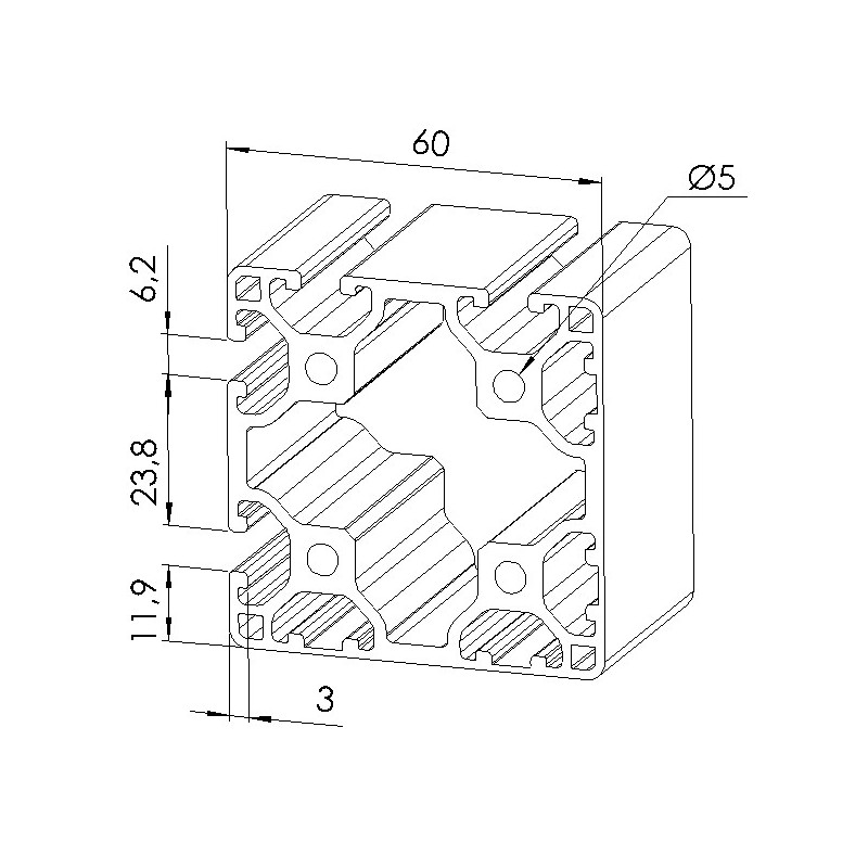Schéma cotes - Profilé aluminium (Barre de 6 m) – Rainure 6 mm – section 60x60 – 4N90 – Léger - Elcom shop