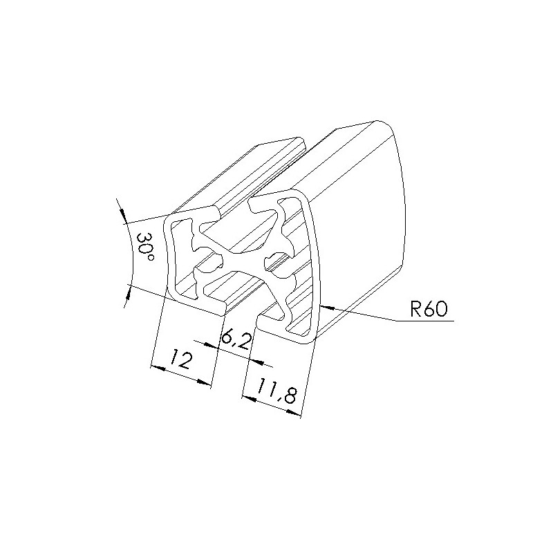Schéma cotes - Profilé aluminium (Barre de 6 m) – Rainure 6 mm – Section R30/60-30° - Elcom shop