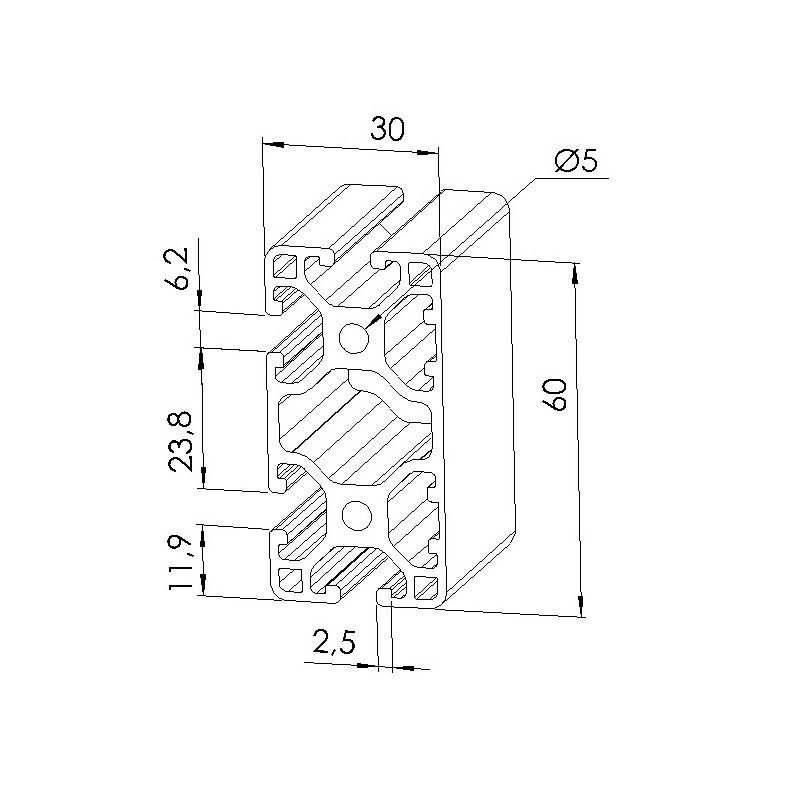 Schéma cotes - Profilé aluminium (Barre de 6 m) – Rainure 6 mm – 60x30 mm – 2N - Léger - Elcom shop