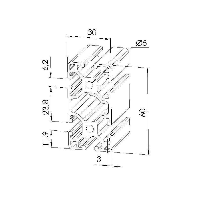 Schéma cotes - Profilé aluminium (Barre de 6 m) – 6 mm – Section 60x30 mm - Léger - Elcom shop