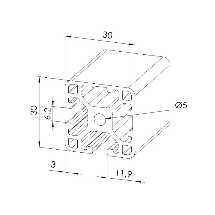 Schéma cotes - Profilé aluminium (Barre de 6 m) – 6 mm – Section 30x30 mm – 2N90 - Léger - Elcom shop