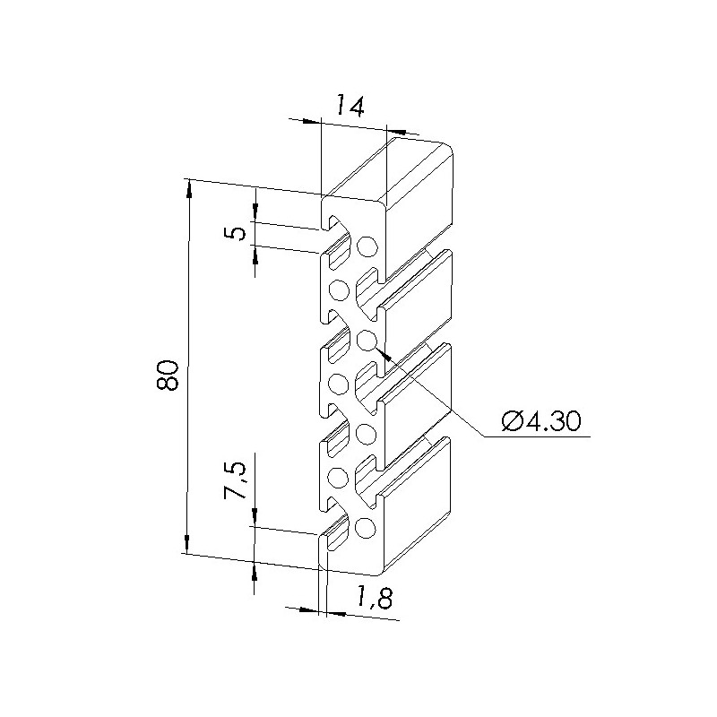 Schéma cotes - Profilé aluminium (Barre de 3 m) – Rainure 5 mm – Section 80x14 mm - Elcom shop