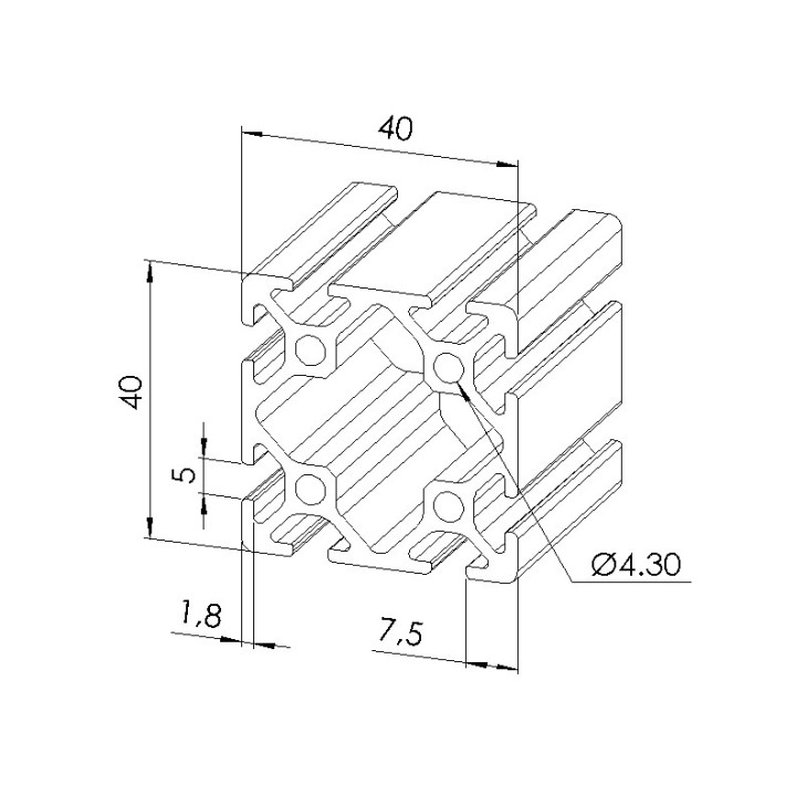 Schéma cotes - Profilé aluminium (Barre de 6 m) – Rainure 5 mm – Section 40x40 mm - Elcom shop