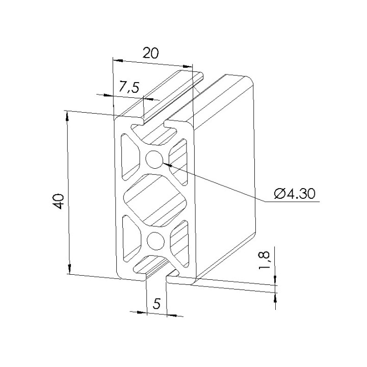 Schéma cotes - Profilé aluminium (Barre de 3 m) – Rainure 5 mm – Section 40x20 mm - 4N180 - Elcom shop