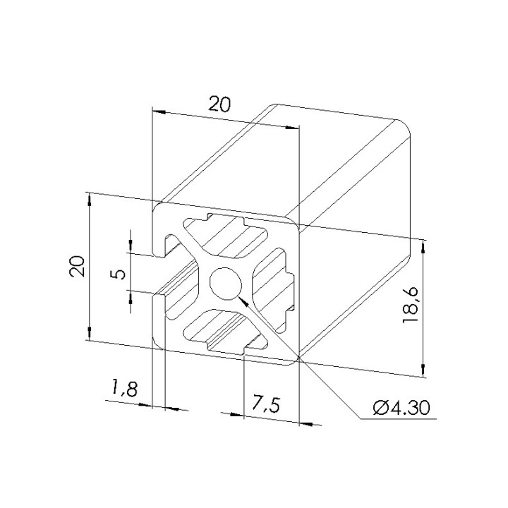 Schéma cotes - Profilé aluminium (Barre de 3 m) – Rainure 5 mm – Section 20x20 mm - 3N - Elcom shop