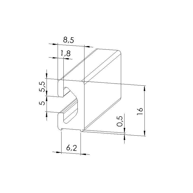 Schéma cotes - Profilé aluminium (Barre de 3 m) – Rainure 5 mm – Section 16x8,5 mm - Elcom shop
