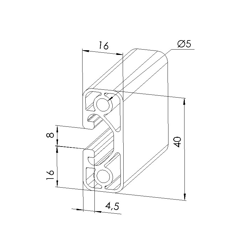 Schéma cotes - Profilé aluminium (Coupe max 3 m) – 8 mm – 40x16 mm - Economique - Elcom shop