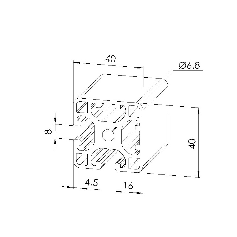 Schéma cotes -Profilé aluminium (Barre de 6 m) – Rainure 8 mm – 40x40 mm – 2N90 – Léger - Elcom shop