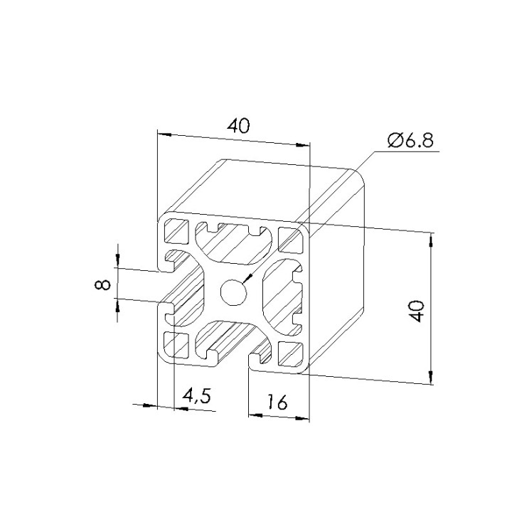 Schéma cotes -Profilé aluminium (Barre de 6 m) – Rainure 8 mm – 40x40 mm – 2N90 – Léger - Elcom shop