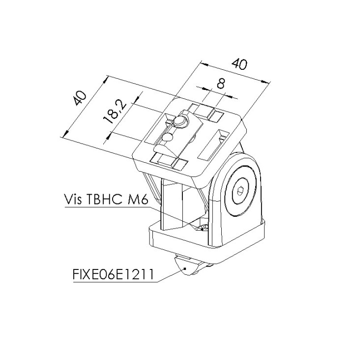 Schéma cotes - Articulation avec visserie profilé aluminium – Rainure 8 mm – Section 40x40 mm - Elcom shop