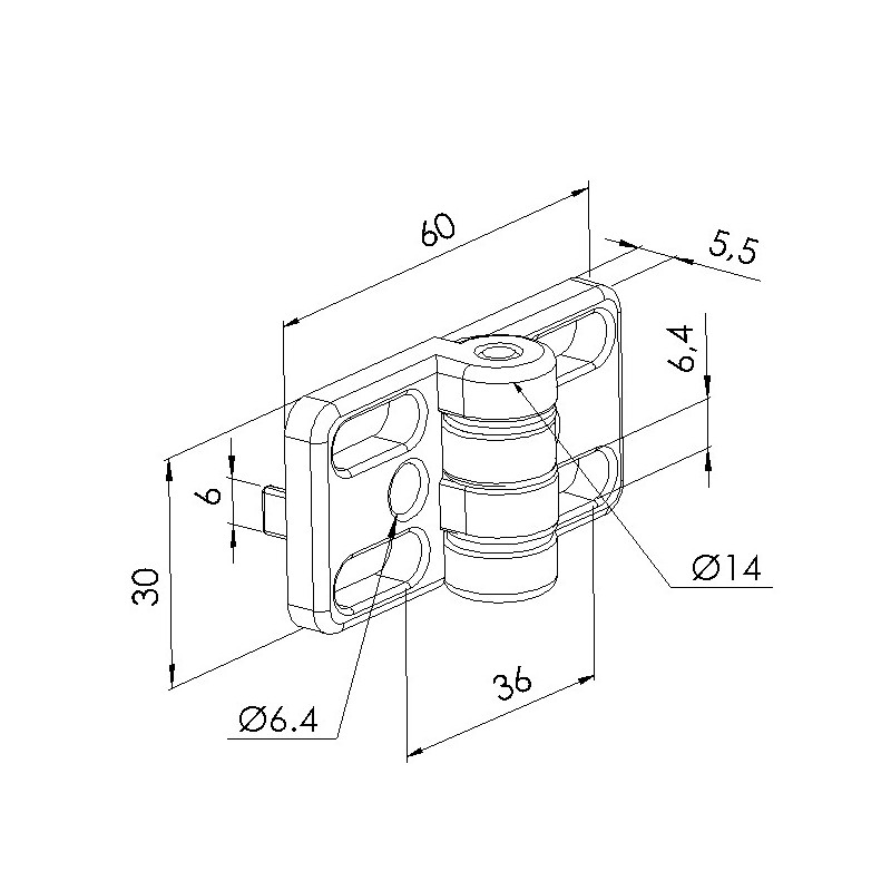 Schéma cotes - Charnière profilé aluminium – 6 30 – Zn - A oblongs - Elcom shop