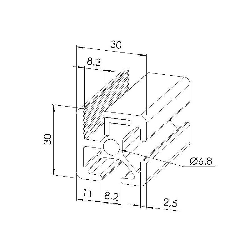 Schéma cotes - Profilé d’encadrement (Coupe max 6 m) - Rainure 8 mm – 30x30 mm - Elcom shop