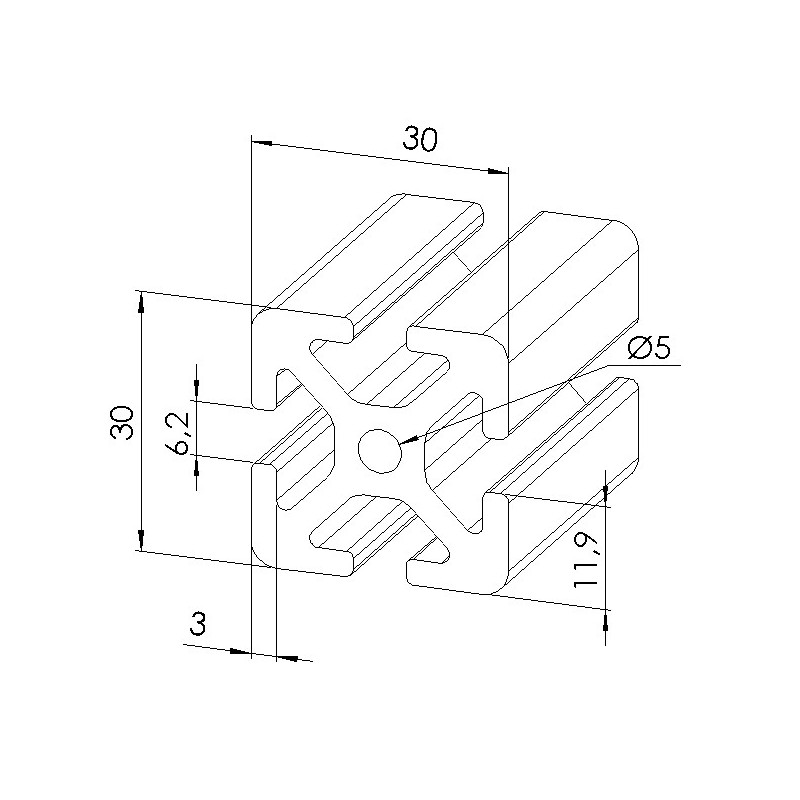 Schéma cotes - Profilé aluminium (Barre de 6 m) – Rainure 6 mm – Section 30x30 mm - lourd - Elcom shop