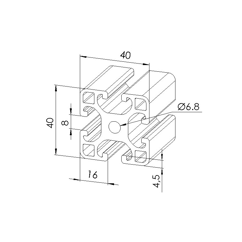 Schéma cotes - Profilé aluminium (Barre de 6 m) – 8 mm – 40x40 mm – Léger - Noir - Elcom shop