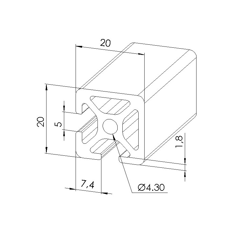 Schéma cotes - Profilé aluminium (Barre de 3 m) – Rainure 5 mm – Section 20x20 mm - 2N90 - Elcom shop