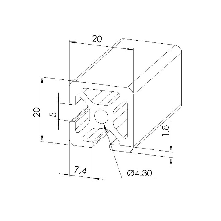 Schéma cotes - Profilé aluminium (Barre de 3 m) – Rainure 5 mm – Section 20x20 mm - 2N90 - Elcom shop