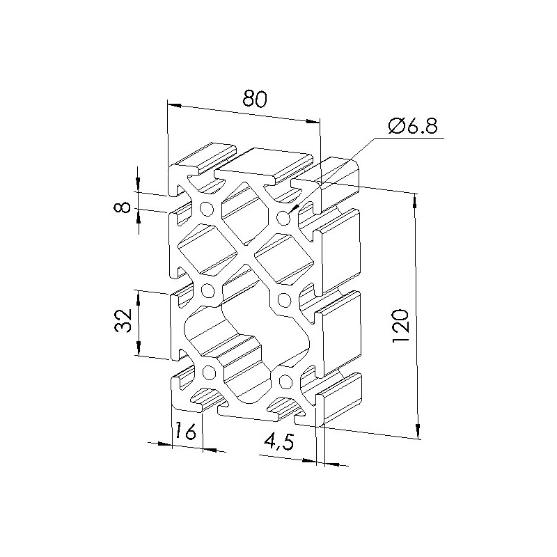 Schéma cotes - Profilé aluminium (Barre de 6 m) – Rainure 8 mm – Section 120x80 mm - Lourd - Elcom shop