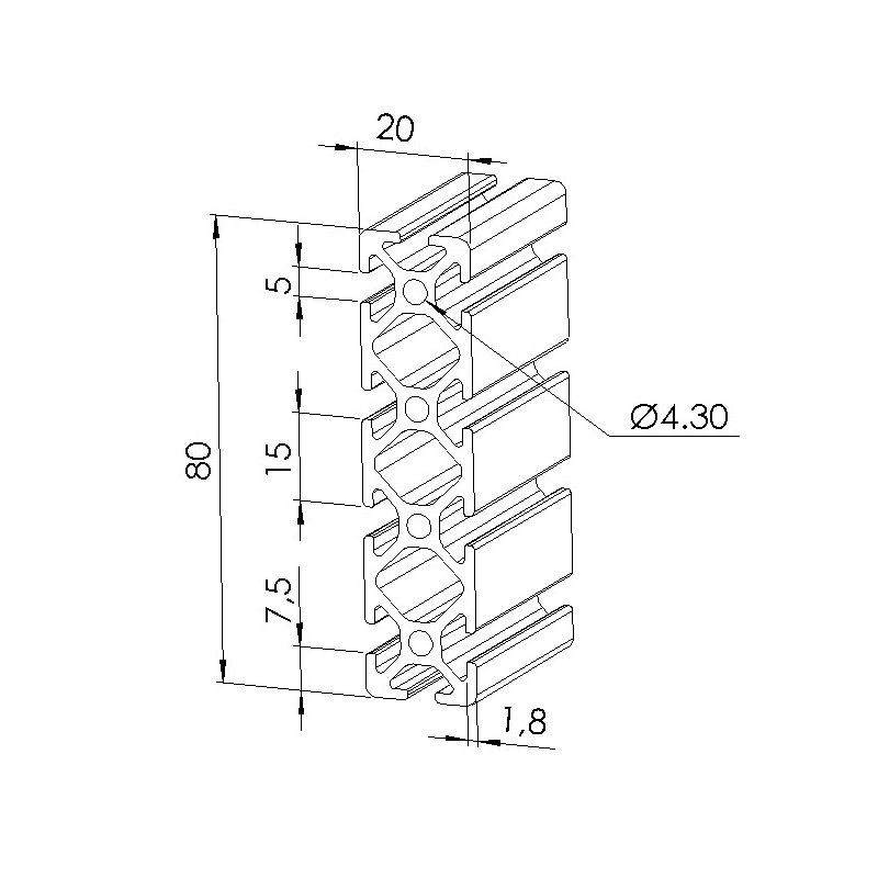 Schéma cotes - Profilé aluminium (Barre de 3 m) – Rainure 5 mm – Section 80x20 mm - Elcom shop