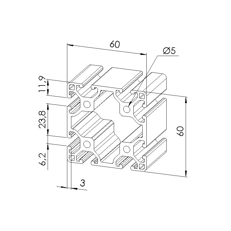 Schéma cotes - Profilé aluminium (Barre de 6 m) – 6 mm – Section 60x60 mm - Léger - Elcom shop