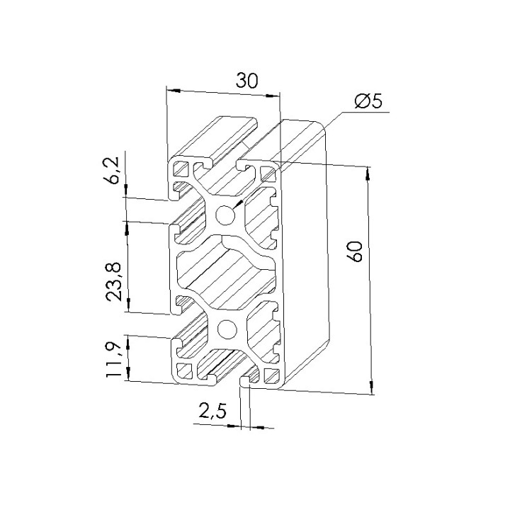 Schéma cotes - Profilé aluminium (Barre de 6 m) – Rainure 6 mm – 60x30 mm – 2N - Léger - Elcom shop